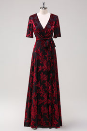 Burgundy Velvet Printed Wedding Guest Dress with Belt