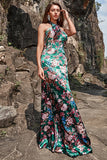 Flower Print Mermaid Halter Floor Length Green Satin Bridesmaid Dress