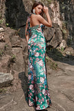 Flower Print Mermaid Halter Floor Length Green Satin Bridesmaid Dress