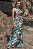 Flower Print Mermaid Halter Floor Length Green Satin Bridesmaid Dress