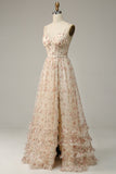 Apricot A Line Corset Floral Wedding Party Dress with Slit