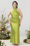 Halter Open Back Lemon Green Long Bridesmaid Dress