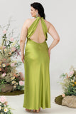 Halter Open Back Lemon Green Long Bridesmaid Dress