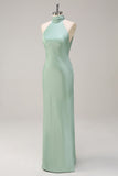 Halter Open Back Lemon Green Long Bridesmaid Dress