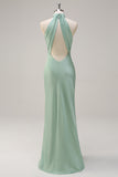 Halter Open Back Lemon Green Long Bridesmaid Dress