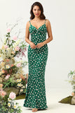 Green Sheath Spaghetti Straps Floral Print Bridesmaid Dress