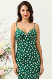 Green Sheath Spaghetti Straps Floral Print Bridesmaid Dress