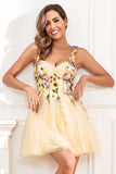 Cute A Line Spaghetti Straps Champagne Short Prom Dress with Appliques