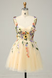 A Line Spaghetti Straps Champagne Short Prom Dress with Appliques