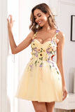 Cute A Line Spaghetti Straps Champagne Short Prom Dress with Appliques