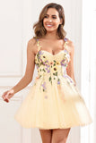 Cute A Line Spaghetti Straps Champagne Short Prom Dress with Appliques