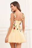 Cute A Line Spaghetti Straps Champagne Short Prom Dress with Appliques