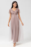 Dusty Pink A Line V Neck Long Bridesmaid Dress With Beading
