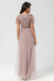 Dusty Pink A Line V Neck Long Bridesmaid Dress With Beading