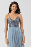 Sparkly Dusty Blue A Line Spaghetti Straps Long Bridesmaid Dress With Beading