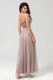 Sparkly Dusty Blue A Line Spaghetti Straps Long Bridesmaid Dress With Beading