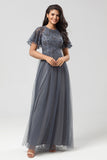 Sparkly Grey A Line Jewel Neck Long Bridesmaid Dress With Appliques