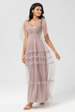 Dusty Pink A Line Tulle Long Bridesmaid Dress With Beading