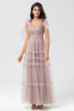 Dusty Pink A Line Tulle Long Bridesmaid Dress With Beading