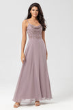 Dusty Pink A Line Spaghetti Straps Beaded Long Bridesmaid Dress