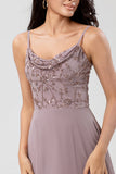Dusty Pink A Line Spaghetti Straps Beaded Long Bridesmaid Dress