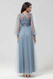 Sparkly Dusty Blue A Line Jewel Neck Long Bridesmaid Dress With Sequined Appliques