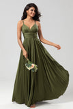 A-Line Sleeveless Olive Long Bridesmaid Dress