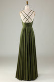 Grand Beauty A Line Spaghetti Straps Olive Long Bridesmaid Dress with Ruffles