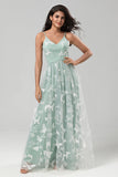 Tulle Spaghetti Straps Matcha Bridesmaid Dress with Appliques