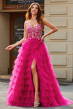 Gorgeous Fuchsia A Line Spaghetti Straps Long Appliqued Tiered Prom Dress With Slit