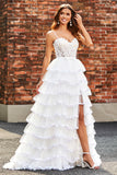 Sparkly White A Line Tulle Long Corset Tiered Prom Dress With Slit