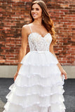 Sparkly White A Line Tulle Long Corset Tiered Prom Dress With Slit