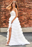 Sparkly White A Line Tulle Long Corset Tiered Prom Dress With Slit