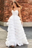 Sparkly White A Line Tulle Long Corset Tiered Prom Dress With Slit