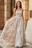 Charming Champagne A Line Square Neck Long Corset Prom Dress With Appliques