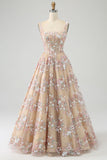 Charming Champagne A Line Square Neck Long Corset Prom Dress With Appliques