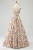 Charming Champagne A Line Square Neck Long Corset Prom Dress With Appliques