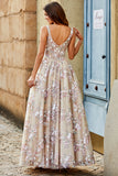 Charming Champagne A Line Square Neck Long Corset Prom Dress With Appliques