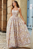 Charming Champagne A Line Square Neck Long Corset Prom Dress With Appliques