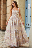 Charming Champagne A Line Square Neck Long Corset Prom Dress With Appliques