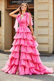 Fuchsia Princess A Line V Neck Long Tiered Prom Dress With Slit