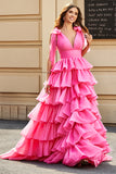 Fuchsia Princess A Line V Neck Long Tiered Prom Dress With Slit