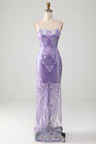 Light Purple Sheath Spaghetti Straps Backless Long Prom Dress