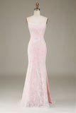 Pink Sheath Spaghetti Straps Long Prom Dress With Slit