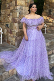 Lilac Floral Off the Shoulder Long Ruffled Prom Dress