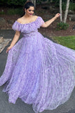 Lilac Floral Off the Shoulder Long Ruffled Prom Dress