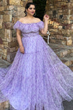 Lilac Floral Off the Shoulder Long Ruffled Prom Dress