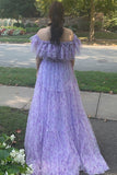 Lilac Floral Off the Shoulder Long Ruffled Prom Dress