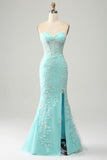 Light Blue Mermaid Sweetheart Corset Appliques Prom Dress With Side Slit