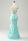 Light Blue Mermaid Sweetheart Corset Appliques Prom Dress With Side Slit